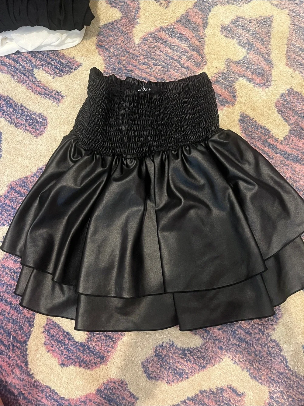 FBZ (Flowers by Zoe) Black Faux Leather Smocked Ruffle Skirt